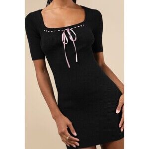 Lulus Adorable Motivation Black Ribbed Ribbon Sweater Mini Dress - Size M